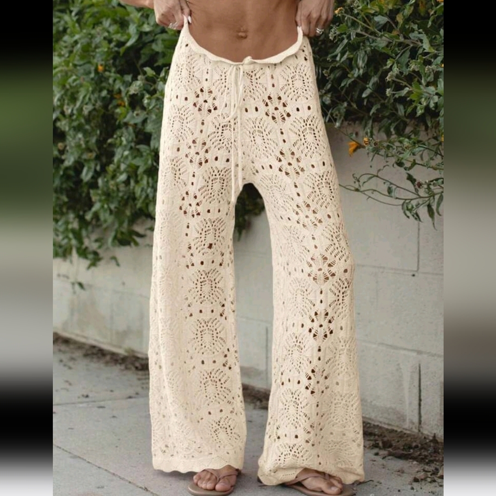 Women's Sexy Crochet Beach Pants - Sheer Mesh Coverup With Adjustable Drawstrin - Picture 2 of 4